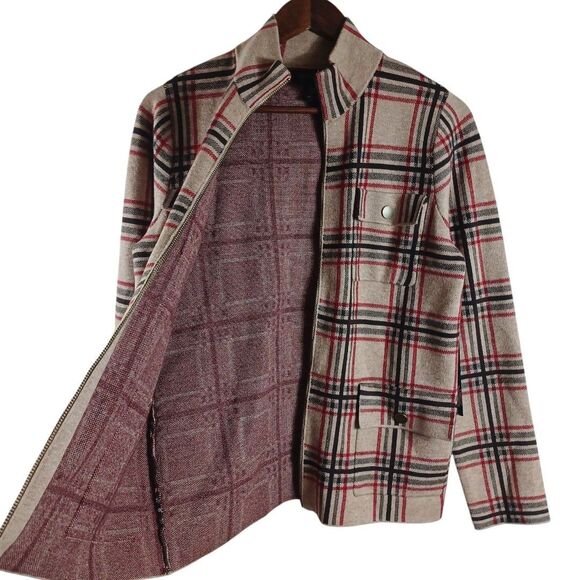 Rachel Zoe NWT Plaid Moto Jacket Sz M Zip Front Snap Pockets Red Beige Check - Picture 5 of 10